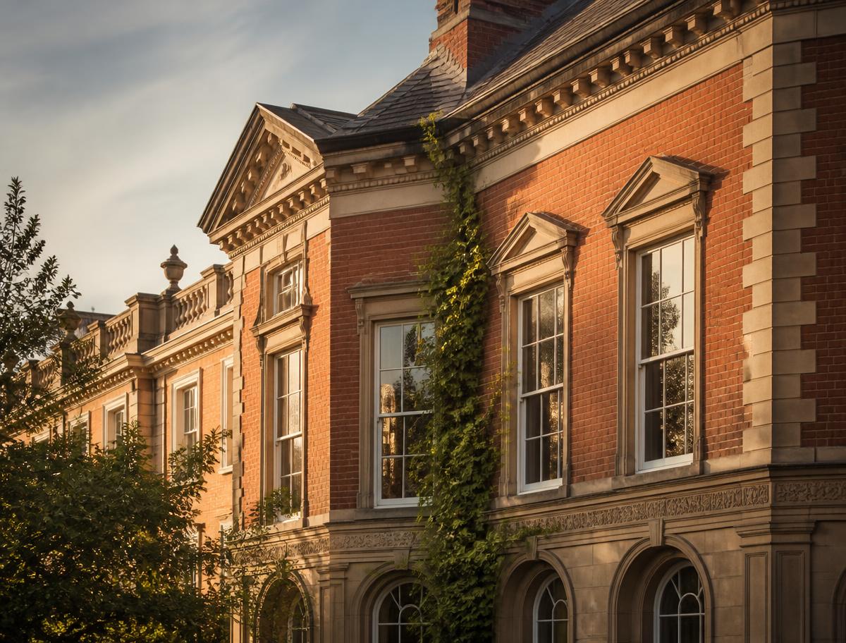 Red-brick period building facade in golden evening light