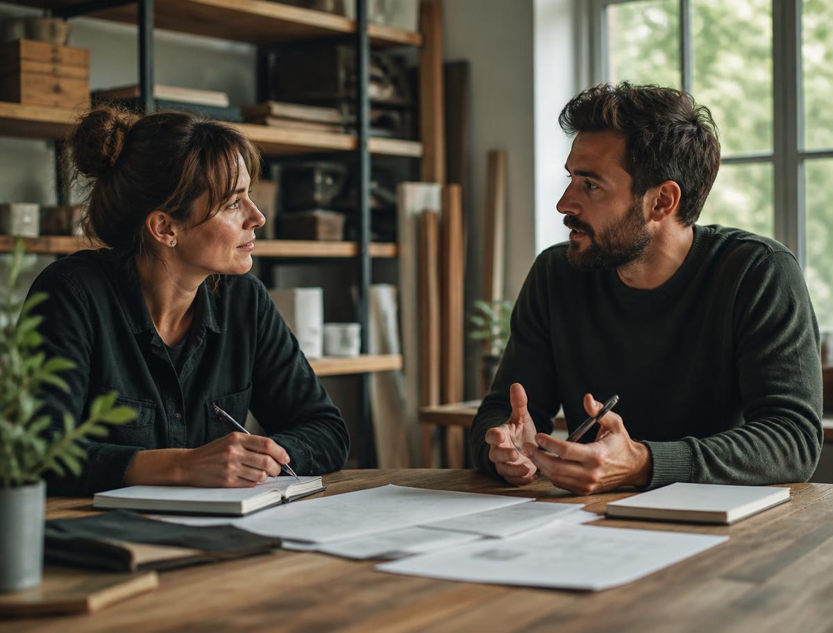 Two founders in conversation across a wooden table in a daylit office